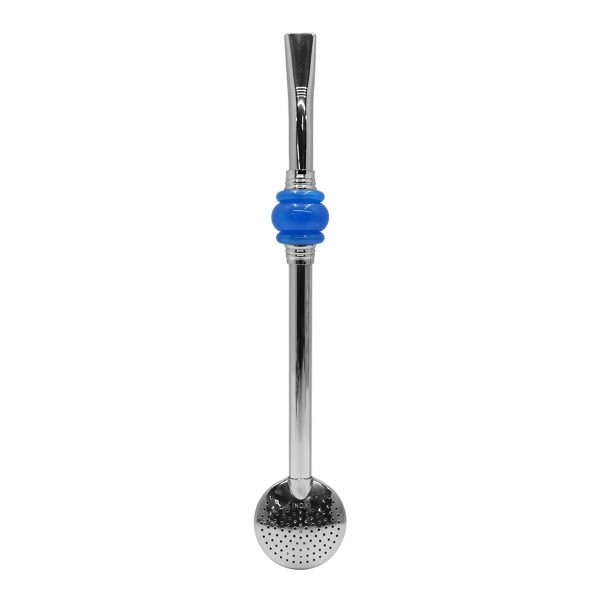 Bomba de Chimarrão Inox 23 cm Com Pedra 3 Anéis Juntos Acrílica Azul Com Anel Prateado e Bojo Fixo - REF 15174