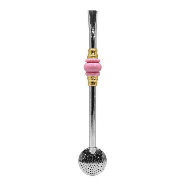 Bomba de Chimarrão Inox 23 cm Com Pedra 3 Anéis Juntos Acrílica Rosa Com Anel Dourado e Bojo Fixo - REF 4927