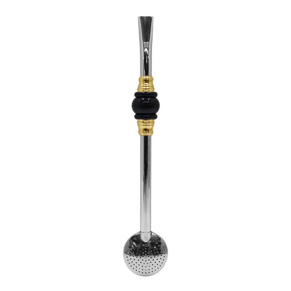 Bomba de Chimarrão Inox 23 cm Com Pedra 3 Anéis Juntos Acrílica Preta Com Anel Dourado e Bojo Fixo - REF 4927