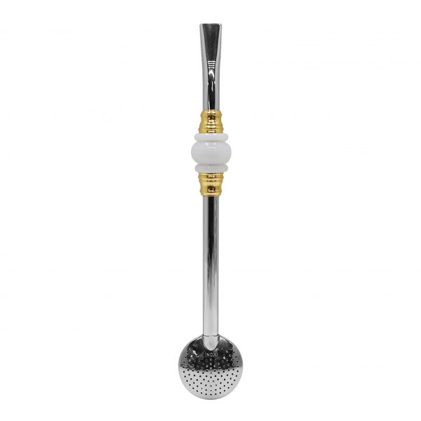 Bomba de Chimarrão Inox 23 cm Com Pedra 3 Anéis Juntos Acrílica Branca Com Anel Dourado e Bojo Fixo - REF 4927