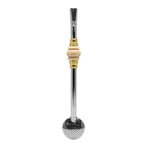 Bomba de Chimarrão Inox 23 cm Com Pedra 3 Anéis Juntos Acrílica Nude Com Anel Dourado e Bojo Fixo - REF 4927