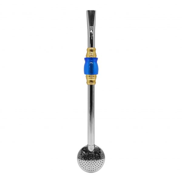 Bomba de Chimarrão Inox 23 cm Com Pedra Cuia Acrílica Azul Com Anel Dourado e Bojo Fixo - REF 4927