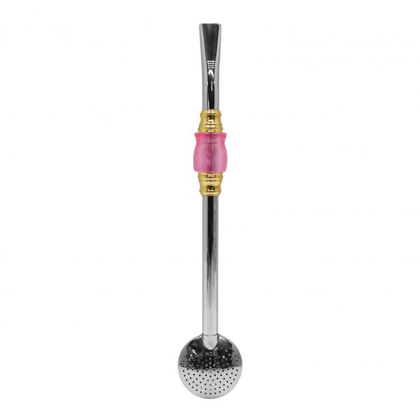 Bomba de Chimarrão Inox 23 cm Com Pedra Cuia Acrílica Rosa Com Anel Dourado e Bojo Fixo - REF 4927