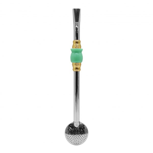 Bomba de Chimarrão Inox 23 cm Com Pedra Cuia Acrílica Verde Com Anel Dourado e Bojo Fixo - REF 4927