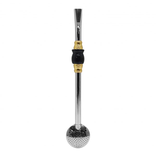 Bomba de Chimarrão Inox 23 cm Com Pedra Cuia Acrílica Preta Com Anel Dourado e Bojo Fixo - REF 4927