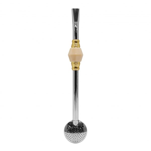 Bomba de Chimarrão Inox 23 cm Com Pedra Sextavada Acrílica Nude Claro Anel Dourado e Bojo Fixo - REF 4927