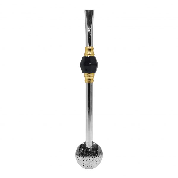 Bomba de Chimarrão Inox 23 cm Com Pedra Sextavada Acrílica Preta Anel Dourado e Bojo Fixo - REF 4927