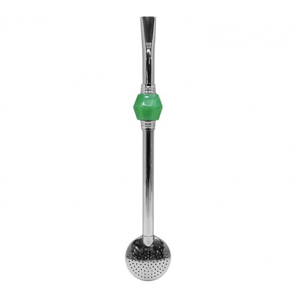 Bomba de Chimarrão Inox 23 cm Com Pedra Sextavada Acrílica Verde Com Anel Prateado e Bojo Fixo - REF 15174