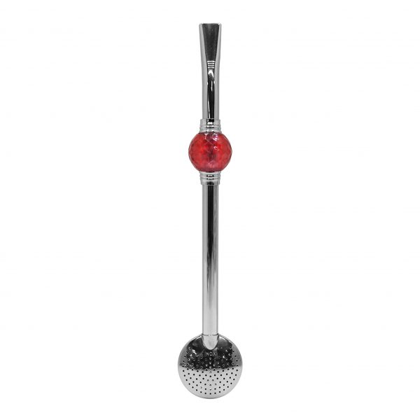 Bomba de Chimarrão Inox 23 cm Com Pedra Acrílica Redonda Vermelha Com Anel Prateado e Bojo Fixo - REF 15174