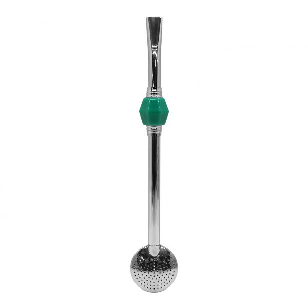 Bomba de Chimarrão Inox 23 cm Com Pedra Sextavada Acrílica Verde Com Anel Prateado e Bojo Fixo - REF 15174