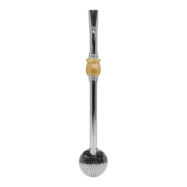 Bomba de Chimarrão Inox 23 cm Com Pedra Cuia Acrílica Dourada Com Anel Prateado e Bojo Fixo – REF 15174