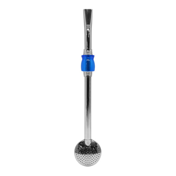 Bomba de Chimarrão Inox 23 cm Com Pedra Cuia Acrílica Azul Com Anel Prateado e Bojo Fixo – REF 15174