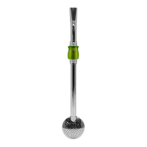 Bomba de Chimarrão Inox 23 cm Com Pedra Cuia Acrílica Verde Com Anel Prateado e Bojo Fixo – REF 15174