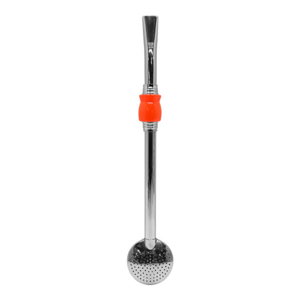 Bomba de Chimarrão Inox 23 cm Com Pedra Cuia Acrílica Laranja Neon Com Anel Prateado e Bojo Fixo – REF 15174