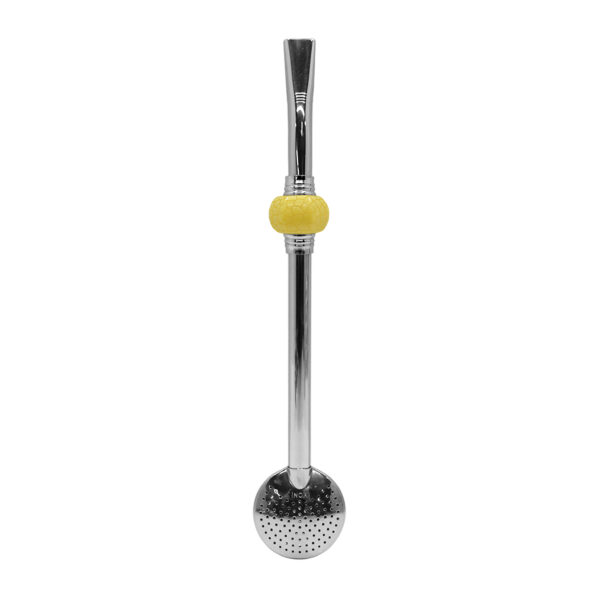 Bomba de Chimarrão Inox 23 cm Com Pedra Acrílica Redonda Amarela Com Anel Prateado e Bojo Fixo – REF 15174