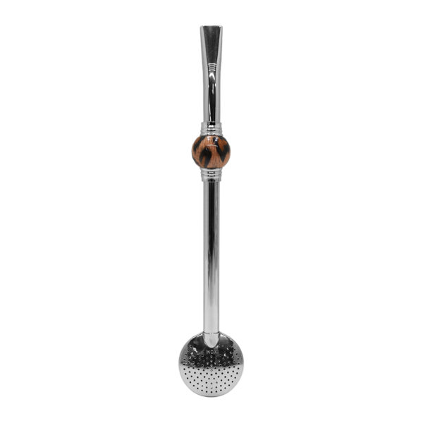 Bomba de Chimarrão Inox 23 cm Com Pedra Acrílica Redonda Onça Marrom Com Anel Prateado e Bojo Fixo – REF 15174