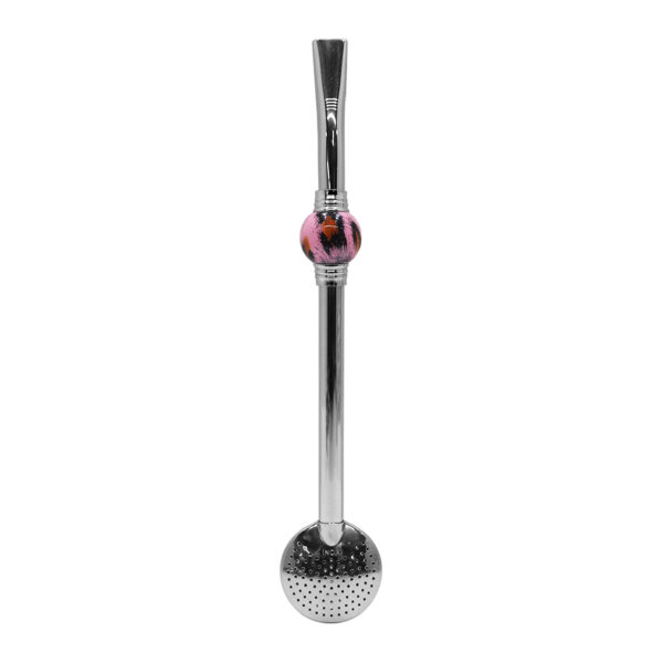 Bomba de Chimarrão Inox 23 cm Com Pedra Acrílica Redonda Onça Rosa Com Anel Prateado e Bojo Fixo – REF 15174