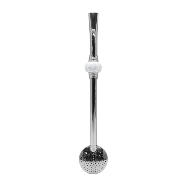 Bomba de Chimarrão Inox 23 cm Com Pedra Acrílica Redonda Branca Com Anel Prateado e Bojo Fixo – REF 15174