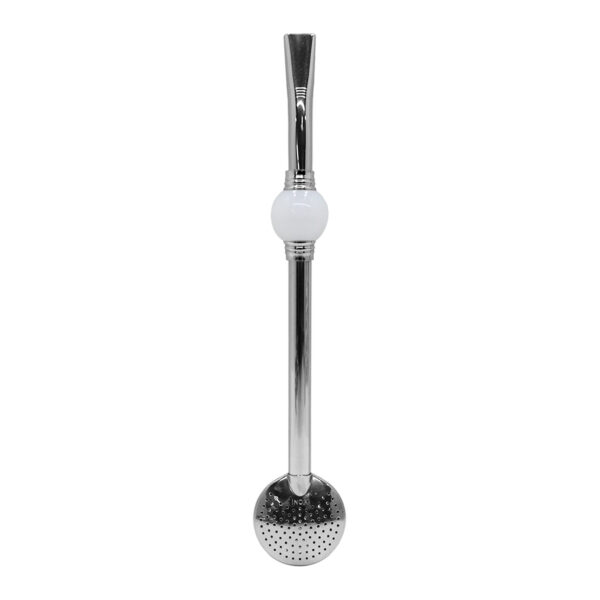 Bomba de Chimarrão Inox 23 cm Com Pedra Acrílica Redonda Branca Com Anel Prateado e Bojo Fixo – REF 15174