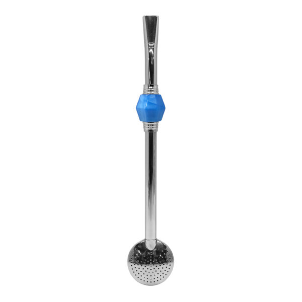 Bomba de Chimarrão Inox 23 cm Com Pedra Acrílica Sextavada Azul Perolada Com Anel Prateado e Bojo Fixo – REF 15174