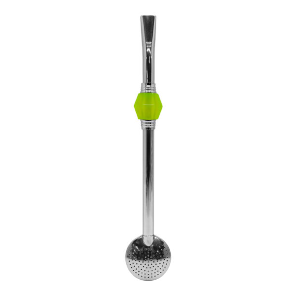 Bomba de Chimarrão Inox 23 cm Com Pedra Acrílica Sextavada Verde Com Anel Prateado e Bojo Fixo – REF 15174