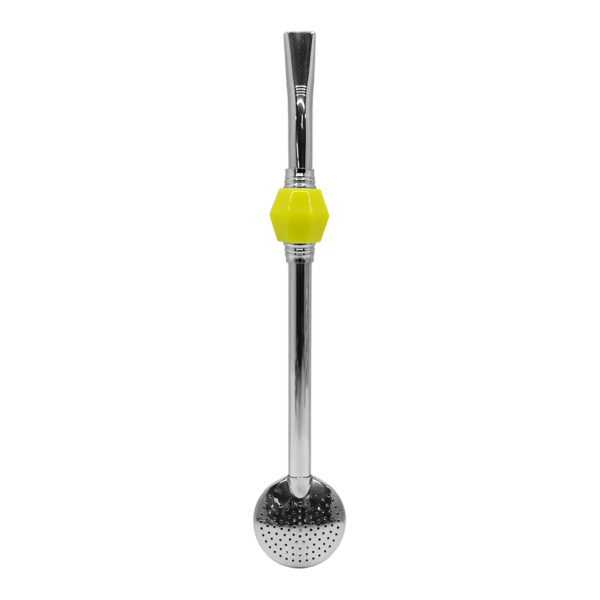 Bomba de Chimarrão Inox 23 cm Com Pedra Acrílica Sextavada Amarela Neon Com Anel Prateado e Bojo Fixo – REF 15174