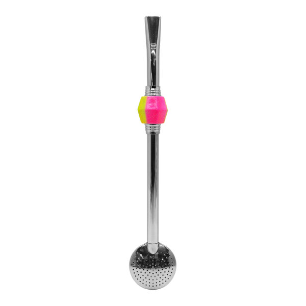 Bomba de Chimarrão Inox 23 cm Com Pedra Acrílica Sextavada Degradê Rosa e Amarelo Glitter Com Anel Prateado e Bojo Fixo – REF 15174