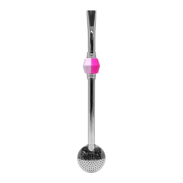 Bomba de Chimarrão Inox 23 cm Com Pedra Acrílica Sextavada Degradê Branco e Rosa Glitter Com Anel Prateado e Bojo Fixo – REF 15174