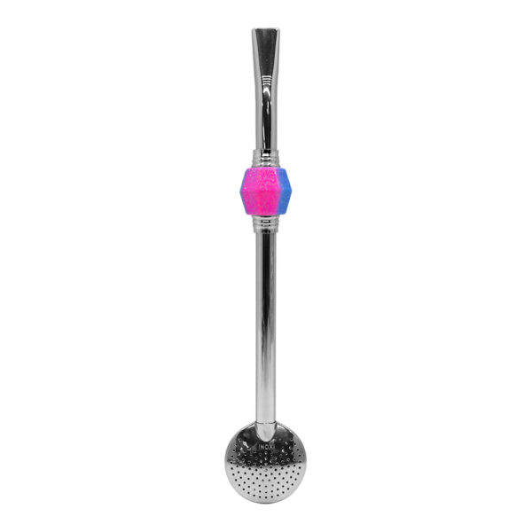 Bomba de Chimarrão Inox 23 cm Com Pedra Acrílica Sextavada Degradê Rosa e Azul Glitter Com Anel Prateado e Bojo Fixo – REF 15174