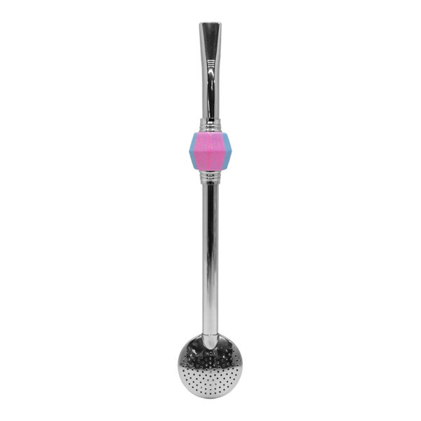 Bomba de Chimarrão Inox 23 cm Com Pedra Acrílica Sextavada Degradê Azul e Rosa Glitter Com Anel Prateado e Bojo Fixo – REF 15174