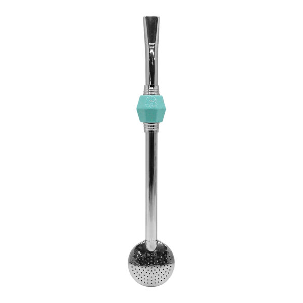 Bomba de Chimarrão Inox 23 cm Com Pedra Acrílica Sextavada Verde Glitter Com Anel Prateado e Bojo Fixo – REF 15174