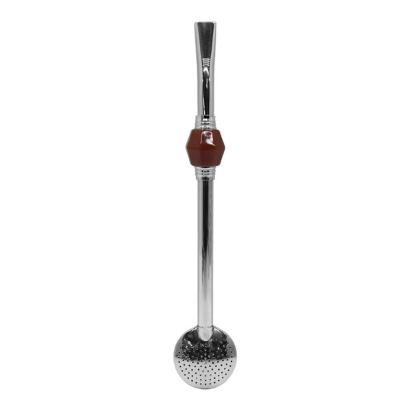 Bomba de Chimarrão Inox 23 cm Com Pedra Acrílica Sextavada Marrom Com Anel Prateado e Bojo Fixo – REF 15174