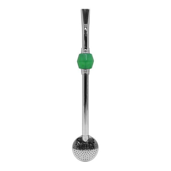 Bomba de Chimarrão Inox 23 cm Com Pedra Acrílica Sextavada Verde Com Anel Prateado e Bojo Fixo – REF 15174