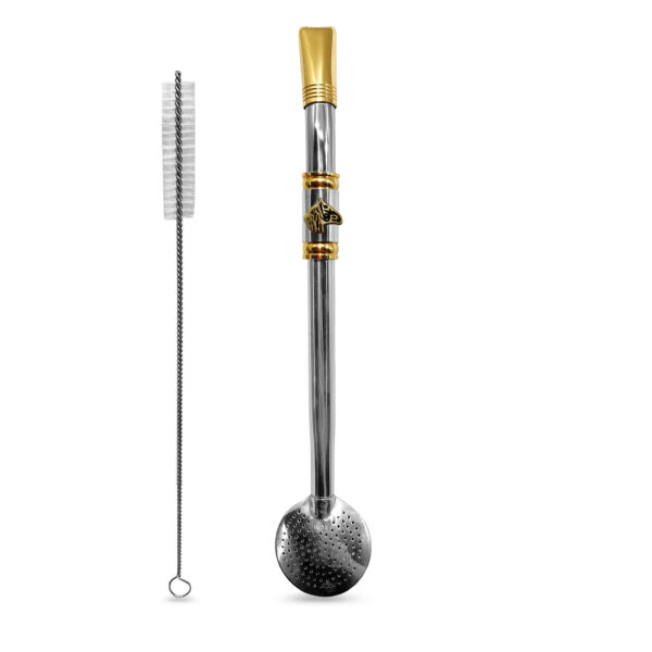 Bomba de Chimarrão Inox 23 cm Banhada em Ouro Com Anel e Pingente Cavalo Dourado Bojo Com Rosca – REF 13534