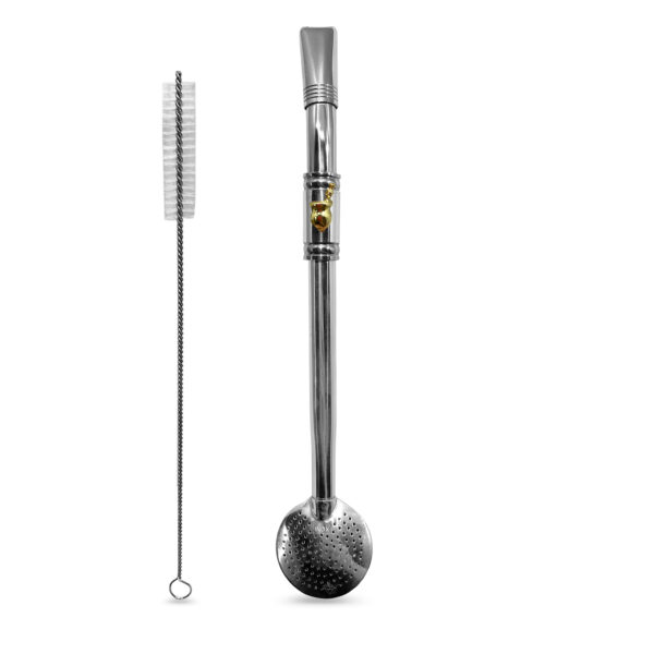 Bomba de Chimarrão Inox 23 cm Com Anel e Pingente Chimarrão Dourado 1 Bocal Duplo e Bojo Com Rosca – REF 15103