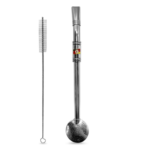 Bomba de Chimarrão Inox 23 cm Com Anel e Pingente Bandeira do Rio Grande do Sul Bocal Duplo e Bojo Com Rosca – REF 15103