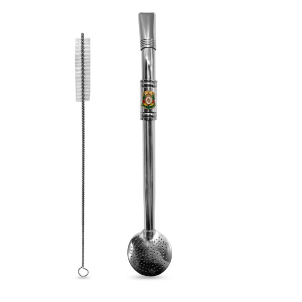 Bomba de Chimarrão Inox 23 cm Com Anel e Pingente Brasão do Rio Grande do Sul Bocal Duplo e Bojo Com Rosca – REF 15103