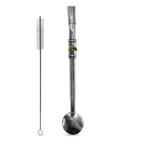 Bomba de Chimarrão Inox 23 cm Com Anel e Pingente Cavalo Dourado Bocal Duplo e Bojo Com Rosca – REF 15103