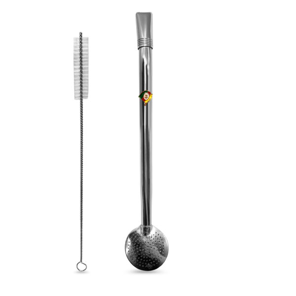 Bomba de Chimarrão Inox 23 cm Com Bocal Duplo e Pingente do Rio Grande do Sul Bojo Com Rosca – REF 3530