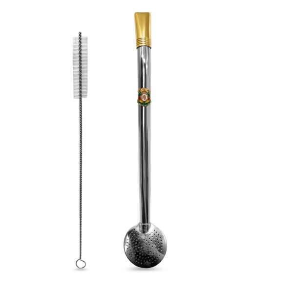 Bomba de Chimarrão Inox 23 cm Com Bocal Duplo Banhado em Ouro e Pingente Brasão do Rio Grande do Sul Bojo Com Rosca – REF 14577