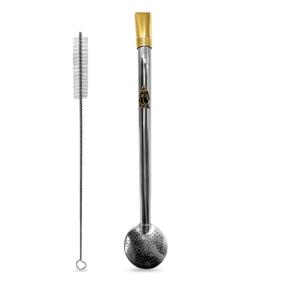 Bomba de Chimarrão Inox 23 cm Com Bocal Duplo Banhado em Ouro e Pingente Laçador Dourado Bojo Com Rosca – REF 14577