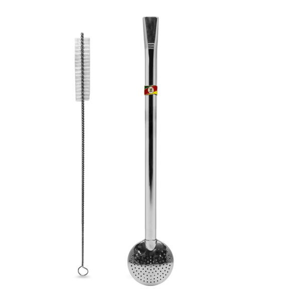 Bomba de Chimarrão Inox 23 cm C/ Pingente Bandeira do Rio Grande do Sul Bocal Simples e Bojo Com Rosca – REF 1536