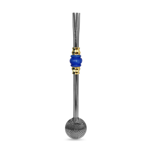 Bomba de Chimarrão Inox 23 cm Com 3 Anéis Juntos Acrílica Azul Com Anel Dourado e Bojo Fixo – REF 4927