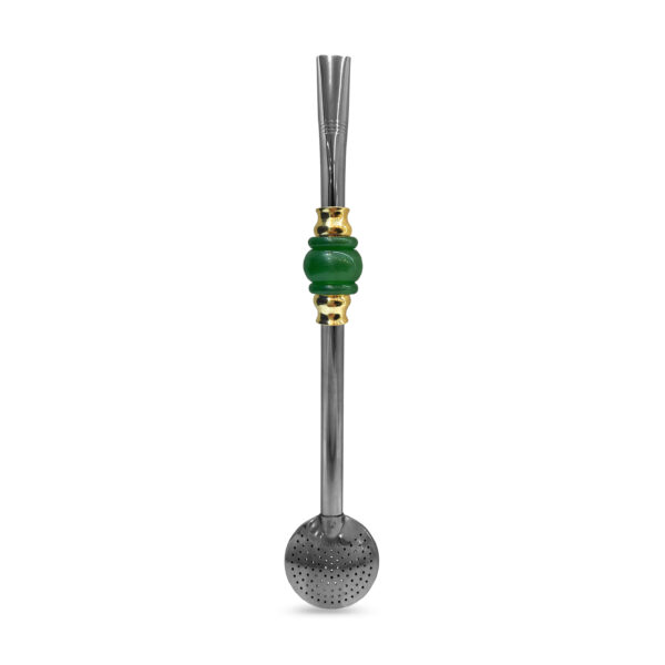 Bomba de Chimarrão Inox 23 cm Com 3 Anéis Juntos Acrílica Verde Com Anel Dourado e Bojo Fixo – REF 4927