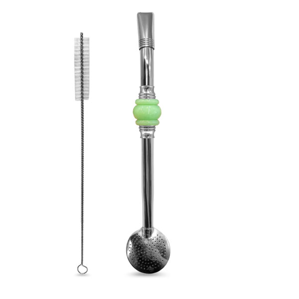 Bomba De Chimarrão Inox 23 cm Com Pedra Acrílica 3 Anéis Juntos Verde e Bojo Com Rosca - REF 7923