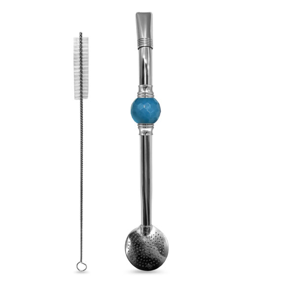 Bomba De Chimarrão Inox 23 cm Com Pedra Acrílica Redonda Azul e Bojo Com Rosca - REF 7923