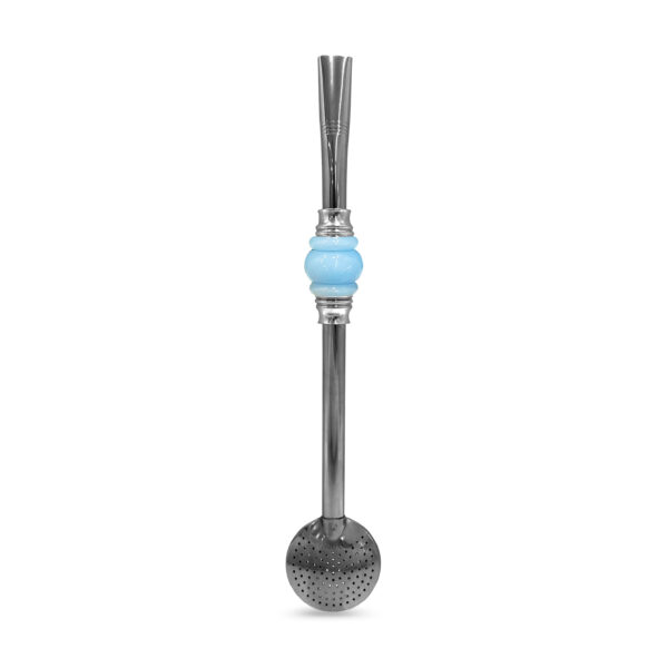 Bomba de Chimarrão Inox 23 cm Com Pedra 3 Anéis Juntos Acrílica Azul Com Anel Prateado e Bojo Fixo – REF 15174