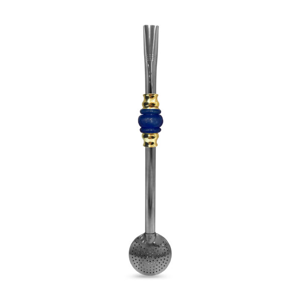 Bomba de Chimarrão Inox 23 cm Com 3 Anéis Juntos Acrílica Azul Com Anel Dourado e Bojo Fixo – REF 4927