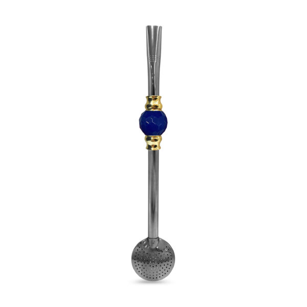 Bomba de Chimarrão Inox 23 cm Com Pedra Redonda Acrílica Azul Com Anel Dourado e Bojo Fixo – REF 4927