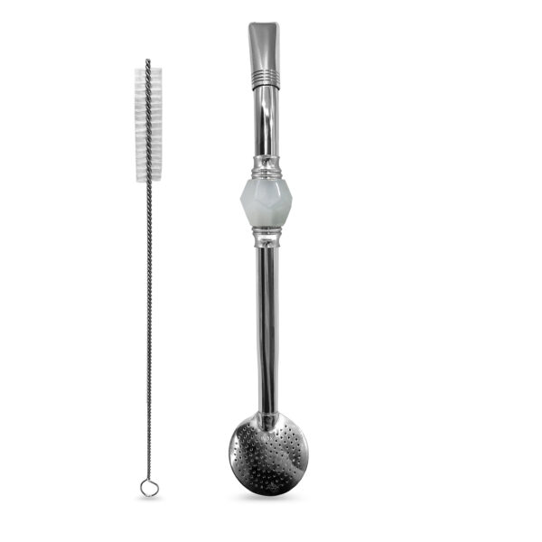 Bomba de Chimarrão Inox 23 cm Com Pedra Sextavada Ágata Branca e Bojo Com Rosca – REF 12228